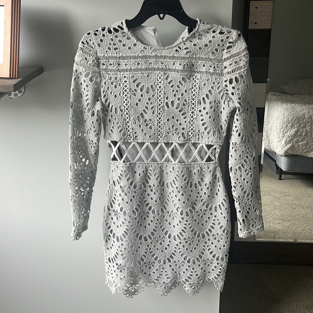 Xenia Boutique Gray/Blue Mini Dress size S. Cut out mid section. Only worn once.